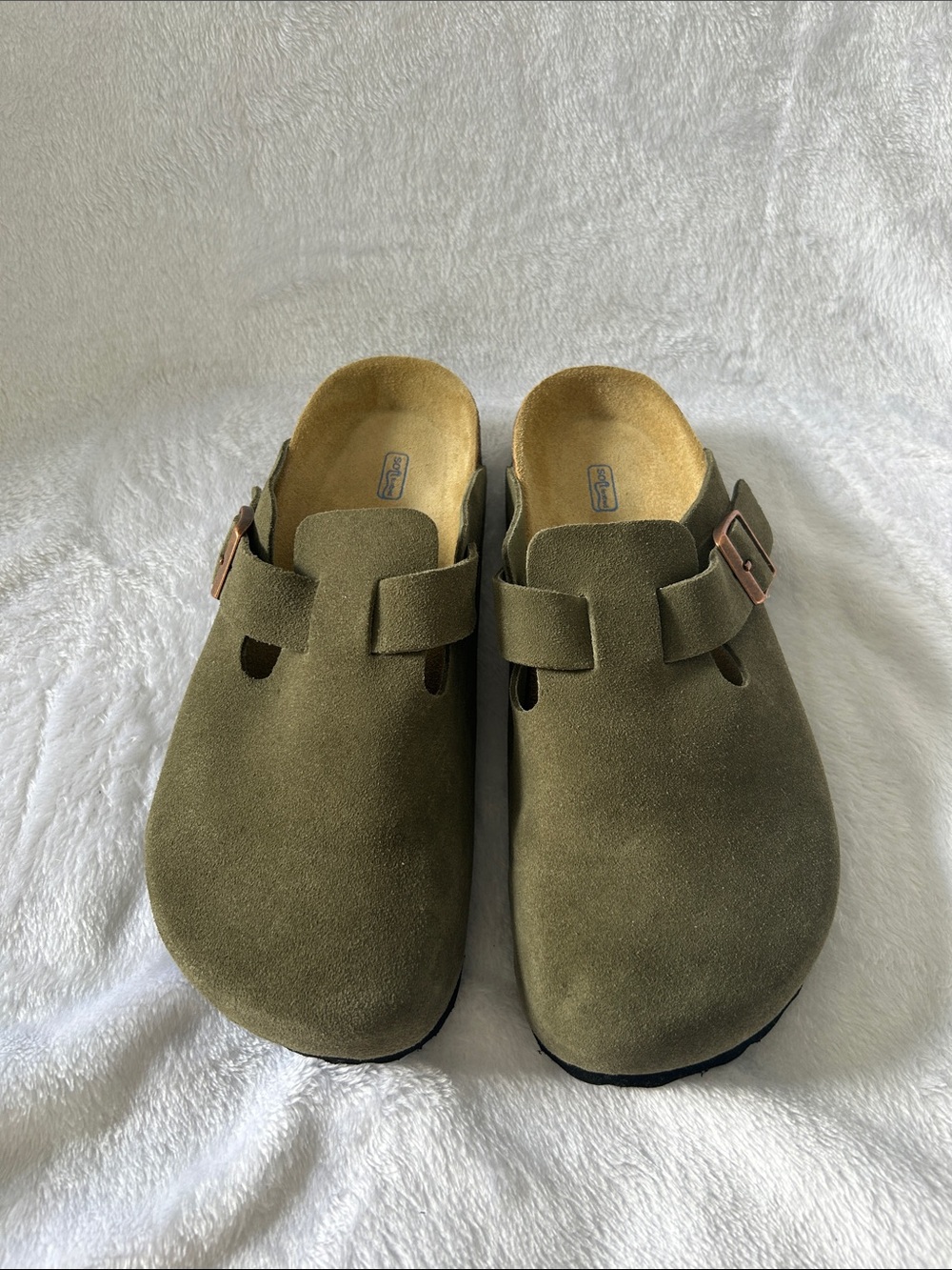 Birkenstock Olive Green Suede Soft Footbed Clogs